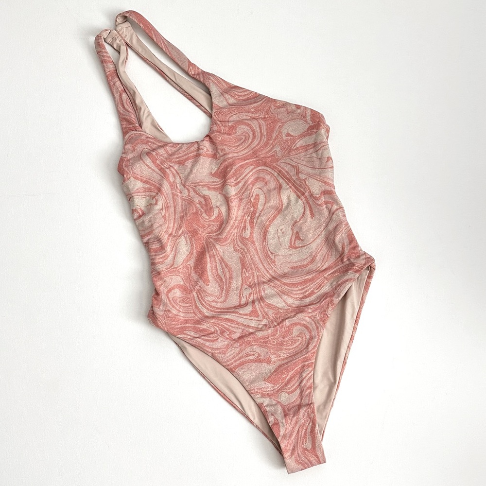 L*Space Blush Tan Shimmer Swirl One Shoulder Cutout One Piece Swimsuit Sz M
